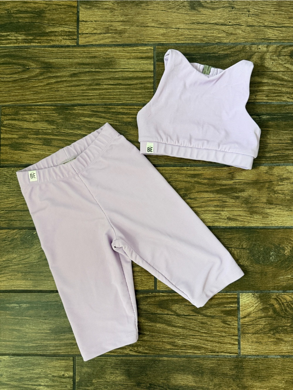 BE Inspired Ribbed Lavender Activewear Set Sports Bra & biker Leggings AS